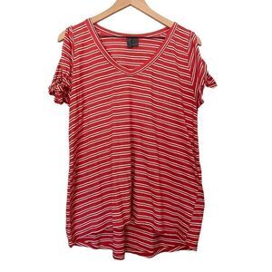 Anthropologie Left of Center Red XL Extra Large Stripe Shirt Cold Shoulder Top